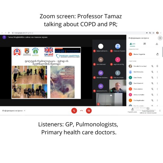 Zoom screen: Professor Tamaz talking about COPD and PR; Listeners: GP, Pulmonologists, Primary health care doctors.