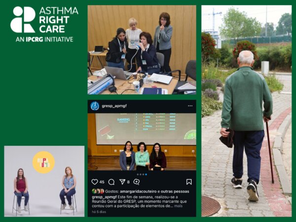 Clockwise from top: North Macedonian colleagues attending Spirometry Simplified; caminhasma in Portugal; gamified asthma escape room, Portugal; schools project, Portugal