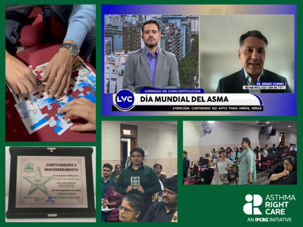 Clockwise from top-left: Asthma Diagnosis jigsaw workshop, India; World Asthma Day television interview, Argentina; Asthma Right Care implementation workshop, India; asthma friendly city star plaque, Brazil