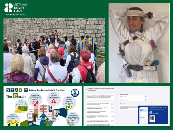 Clockwise from top-left: World Asthma Day walk, Spain; motivational video, Spain; asthma treatment algorithm, Slovenia; guideline implementation toolkit, UK